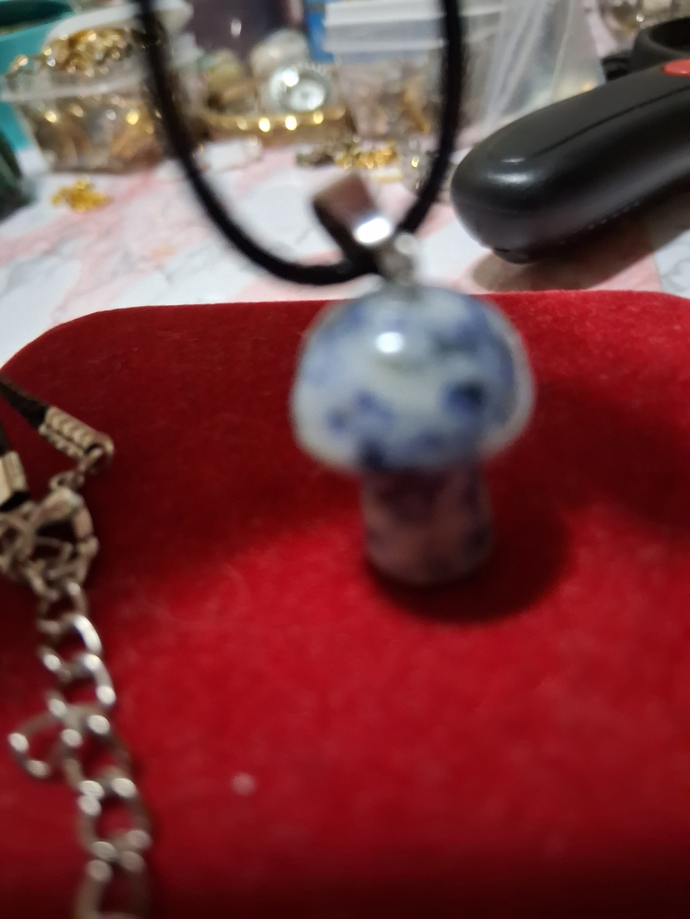 Source Unknown Blue and White Ceramic Mushroom Pendant Necklace